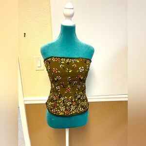 Noreen Phillips VTG Hand Embroidered Glass Beaded Floral Corset‎ Top Olive Green